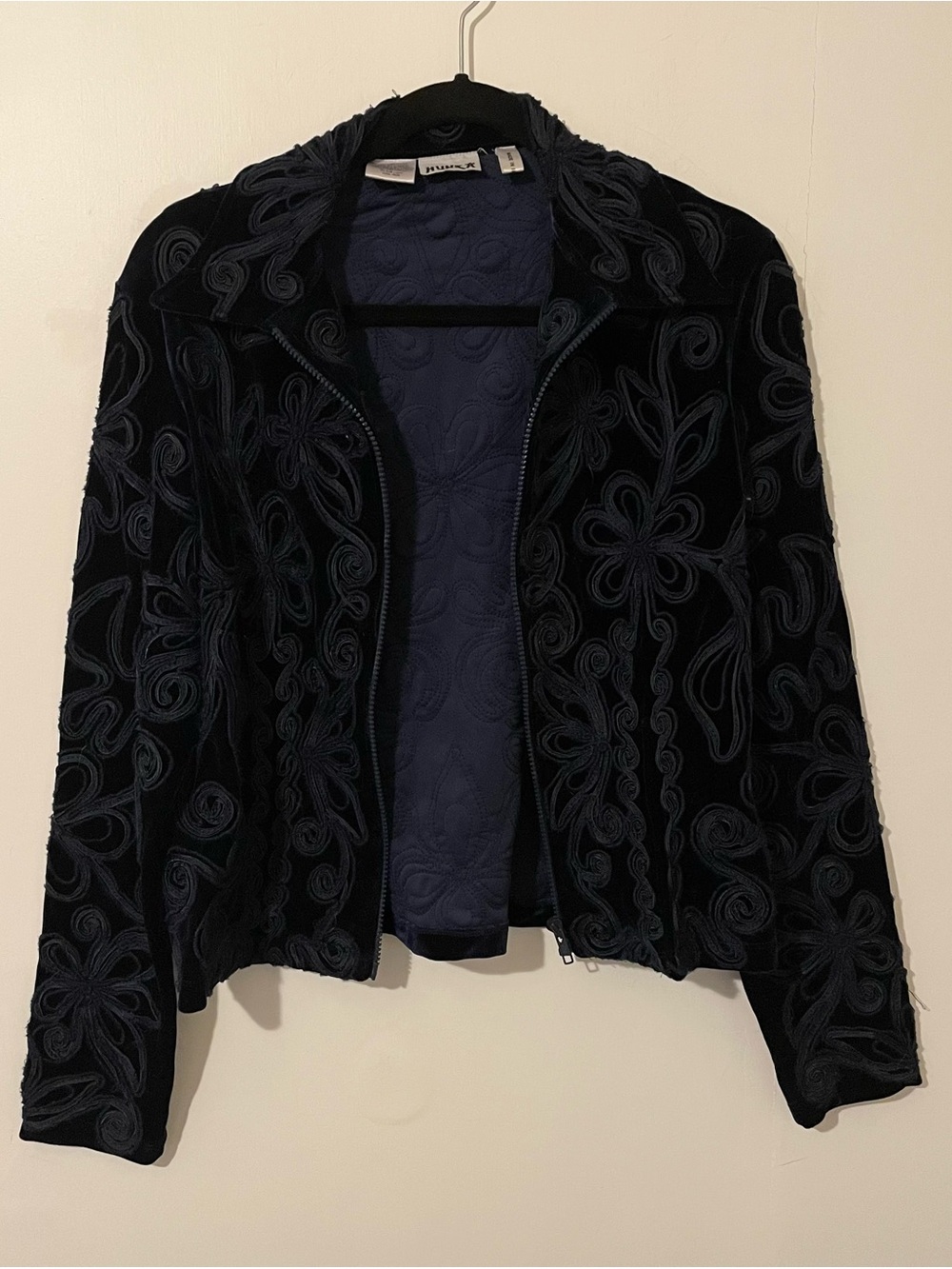 Vintage Hunza Navy Blue Velvet Velour Floral Textured Embroidered Jacket Y2K